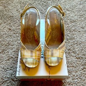 Kenzie wedge cork/patent heel. Perfect plaid on neutral background.